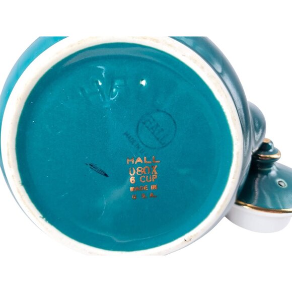 Vintage Hall Philadelphia Teapot Teal Green Ornate Gold Trim Design 6 Cup - Picture 4 of 5